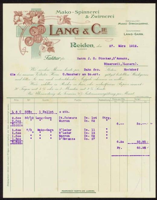 LANGYARNS Faktur Lang & Cie 1912 LANGYARNS Faktur Lang & Cie 1912